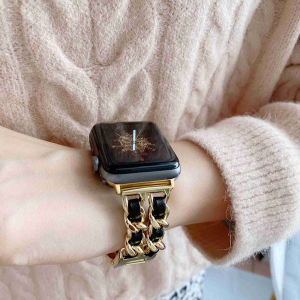 Bands Watch Fashion echtes Leather Uhrenbänder für Uhrengurt Designer Black Golden Link Kette Armband IWatch 3 4 5 Se 6 7 Serie Band 240308