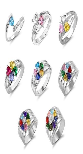 Cluster-Ringe, personalisierter individueller Familienname-Ring mit Geburtsstein, silberfarbene gravierte Ringe für Frauen, Muttertagsgeschenke 2218110463