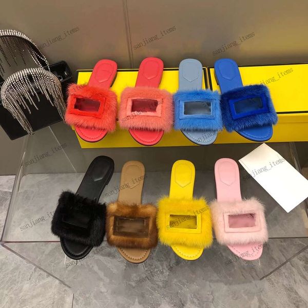 2024 Designer Mink Fur Chinelos Baguette Sandálias Real Goatskin Sheepskin Plana Slide Mulheres Pelúcia Furry Scuffs Mule Logo Sandália Casa Casual Slider Sapatos Fivela Quadrada