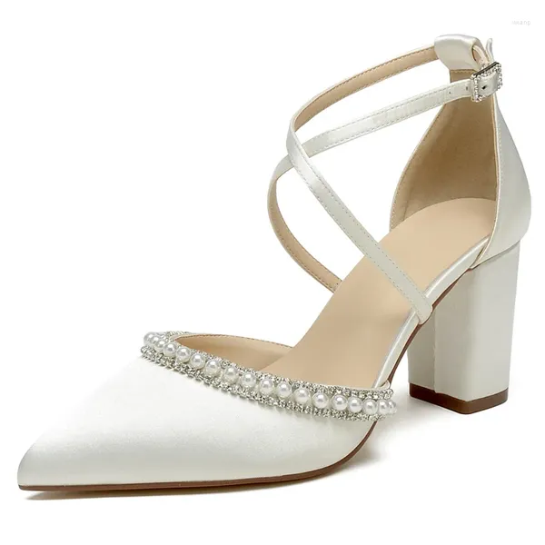 Scarpe eleganti Matrimonio con perle per sposa Tacco largo Décolleté da festa formali Punta chiusa Cinturino incrociato Tacchi grossi da sposa da donna