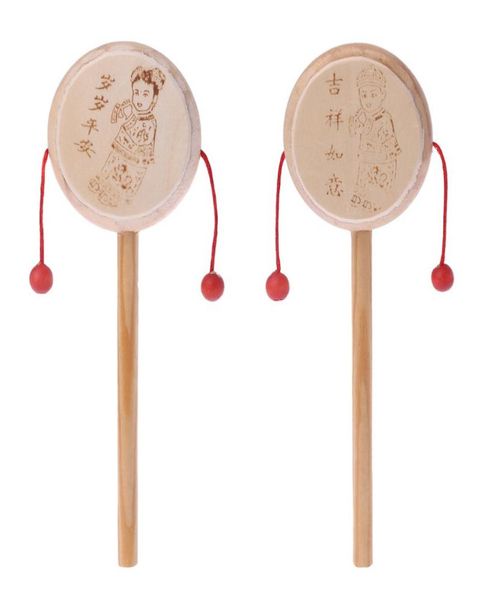 Cartone animato in legno naturale Cinese tradizionale tamburo a sonaglio rotante Campana a mano Giocattolo musicale per bambini Giocattolo educativo precoce per bambini6368585