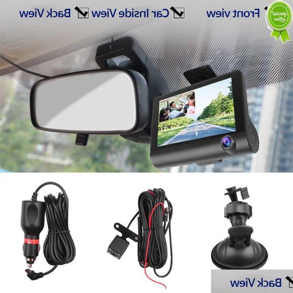 Carro Outros Auto Eletrônicos Nova Câmera DVR Dash 4 Três Vias FHD Lente Gravador de Vídeo 170 Grande Angular Cam G-Sensor Night Vision Camcorder Dhgwn