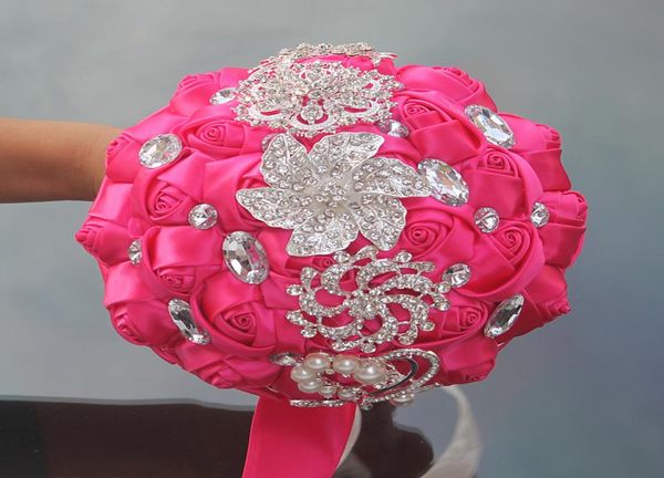 Buquês de casamento rosa rosa artificial doce 15 quinceanera buquê fita de seda cristal novo buque de noiva 37 cores w228a8885221