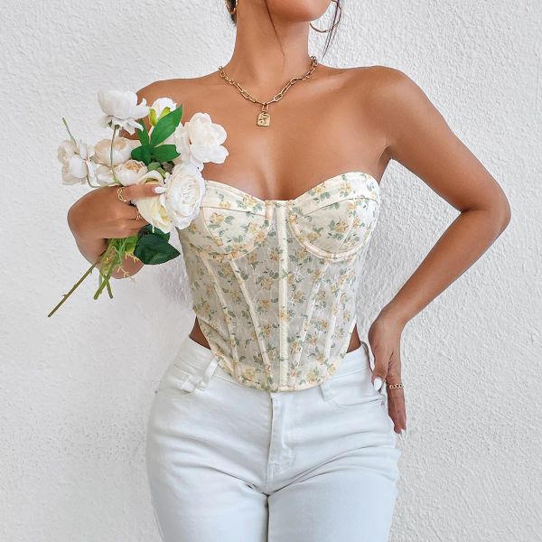 Camis French Bustier Corset Tops Women Women Sexy Gothic Lace Up BONED Overbust Treiner Floral Bordery Lingerie Top Corset Clubwear