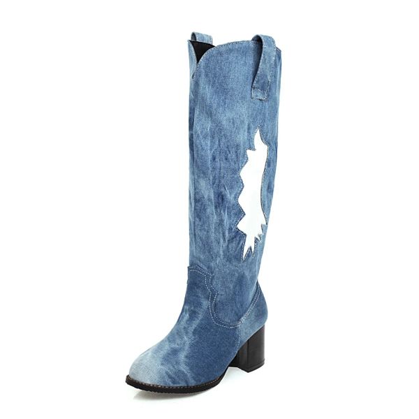 Jeans dedo do pé redondo salto grosso denim midcalf botas longas das mulheres jeans de salto alto botas slouchy meninas primavera outono sapatos 2023 novo arrivial