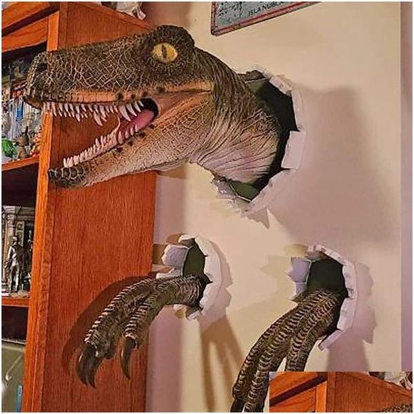 Decorazione per feste Dragon Legends Prop 3D Dinosauro a parete Fumo Luce Arte Scpture Forma Statua Decorazioni per la casa Camera Halloween Goccia Del Dhugh