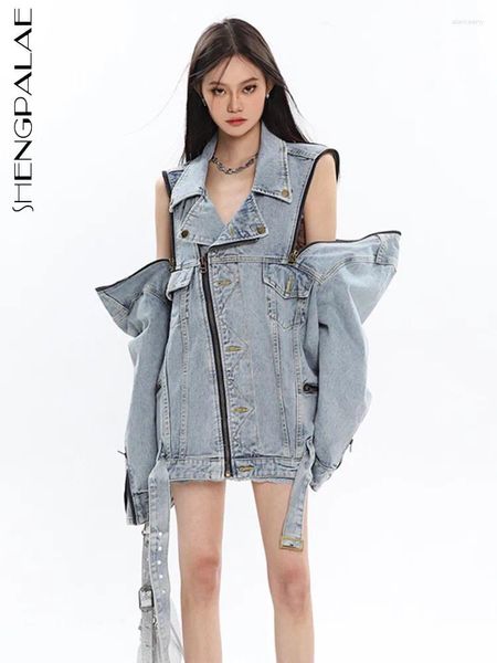 Kadın Ceketleri Shengpalae Fermuarı Kapalı Omuz Denim Ceket Moda Sokak Giyim Yüksek kaliteli Uzun Kollu Jean Coat 2024 Gelgit Dış Giyim 5R1008