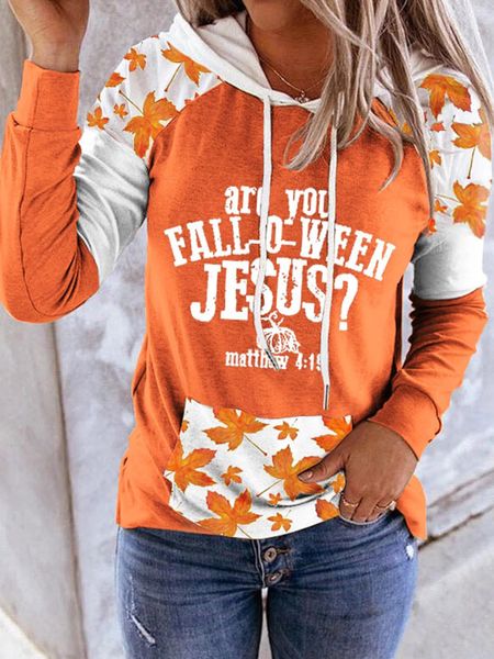 Are You FallOWeen Jesus Maple Leaf Kangaroo Bolso Moletom Com Capuz Outono Color Block Cordão Impressão Mulheres Mangas Compridas Tops 240223