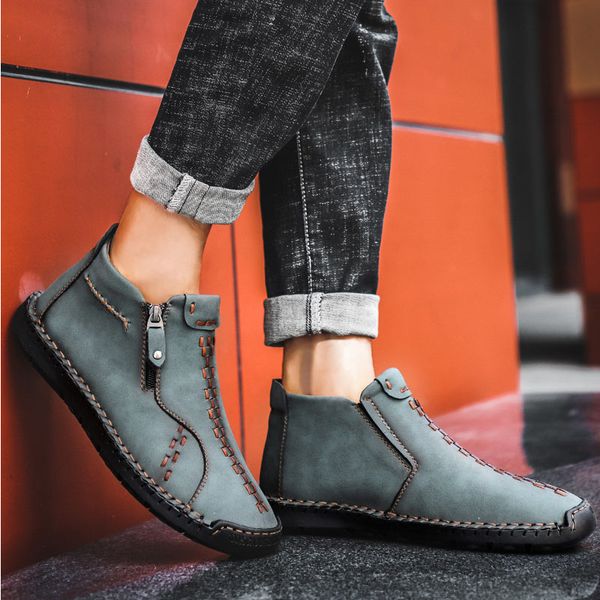 En kaliteli el yapımı sıradan erkek ayakkabılar gerçek deri çizmeler sıcak kış ayakkabıları tutun adam moda fermuarlı ayak bileği botları 38-48 dışındaki gündelik