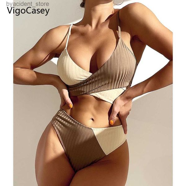 Damenbadebekleidung VigoCasey Sexy Hohe Taille Bikini Bademode Damen 2024 Patchwork Badeanzug Weibliche Kreuz Bandage Biquini Badeanzug Schwimmen Tragen L240308