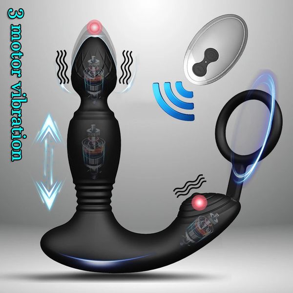 3 motores masculino empurrando e choque massageador de próstata controle remoto vibrador butt plug telescópico galo anel brinquedos sexuais para adulto 240227