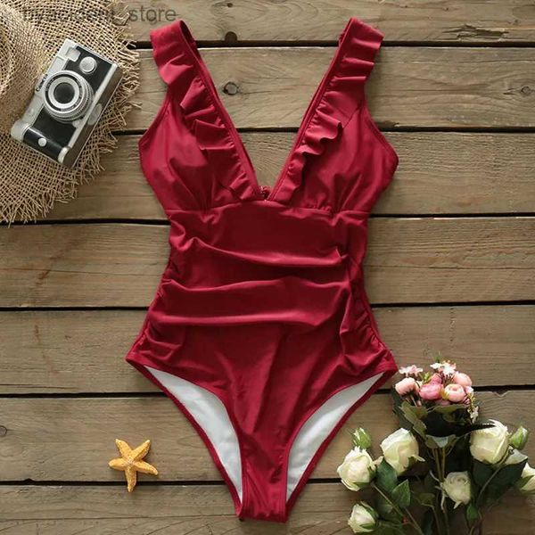 Damen Bademode SPORLIKE Heart Attack Falbala Einteiliger Badeanzug Damen Rüschen V-Ausschnitt Monokini 2024 Neu Mädchen Strand Badeanzug Bademode S-2XL L240308