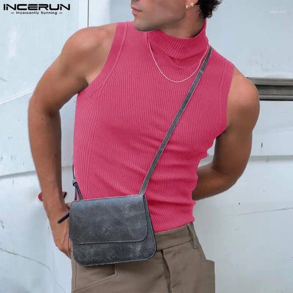 Männer Tank Tops INCERUN 2024 Männer Einfarbig Rollkragen Ärmellose Gestrickte Casual Westen Streetwear Fitness Mode Kleidung