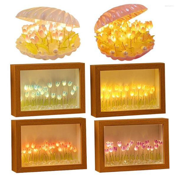 Luci notturne Conchiglia fai-da-te Tulip Lampada da comodino Cornice Po Batteria fatta a mano Simulazione calda ambientale Lampada floreale Decorazione della casa