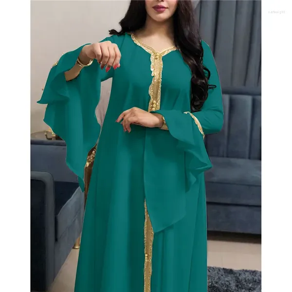 Ethnische Kleidung, elegantes muslimisches langes Kleid, Rüschen, Partyabend für Frauen, Naher Osten, Ramadan, islamischer Kaftan, Malaysia, türkische Stickerei