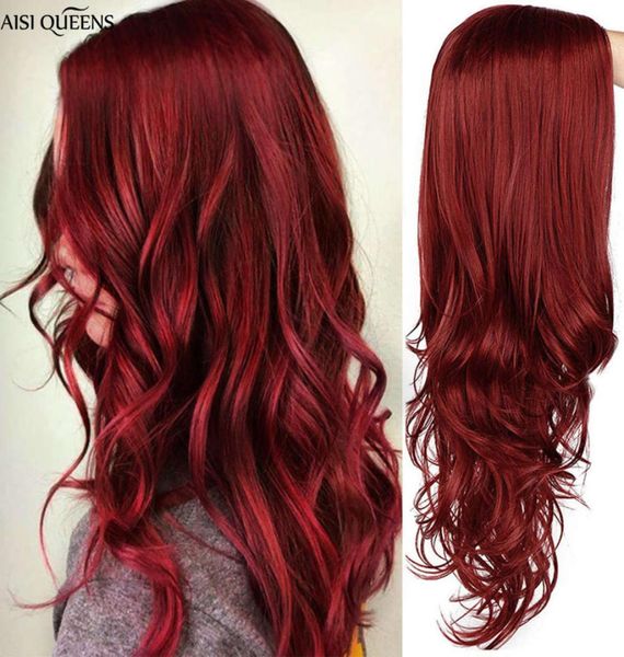 Aisi Queens Длинный волнистый синтетический парик Красный парик для женщин Косплей Черно-розовые парики Частичное деление Натуральное высокотемпературное волокно2432908
