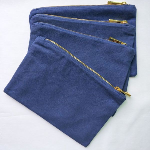 Borsa per il trucco in tela di cotone blu navy da 6x9 pollici vuota da 12 once con cerniera in metallo dorato fodera dorata fabbrica di borse per cosmetici in tela blu navy solida in stoc286B