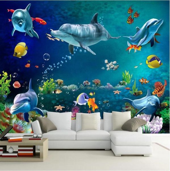 3d carta da parati personalizzata po murale Sea world delfino pesce scenario decorazione della stanza pittura 3d murales carta da parati per pareti 3 d7599772