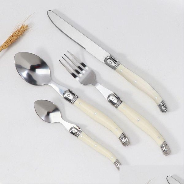 Set di stoviglie 4/6/24 pezzi Laguiole Sierware Coltelli da bistecca Forchette Cucchiai Cucchiaino Set Acciaio inossidabile Avorio Bianco Manico in plastica Cucina Dhmi6