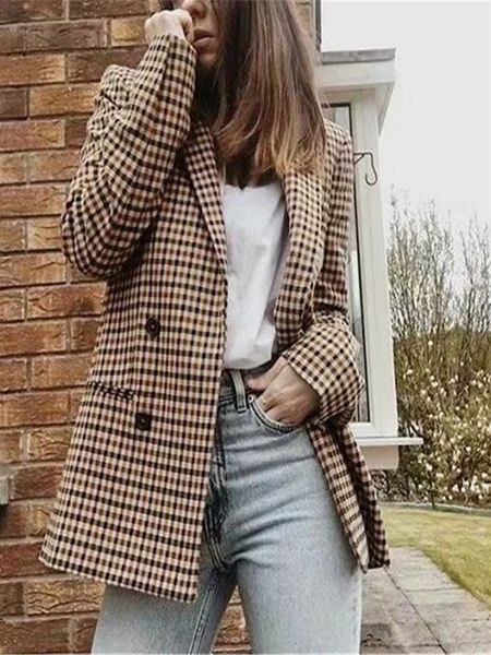 Vintage houndstooth feminino blazer de lã duplo breasted xadrez feminino terno jaqueta moda coreano outerwear solto blaser casaco 240226