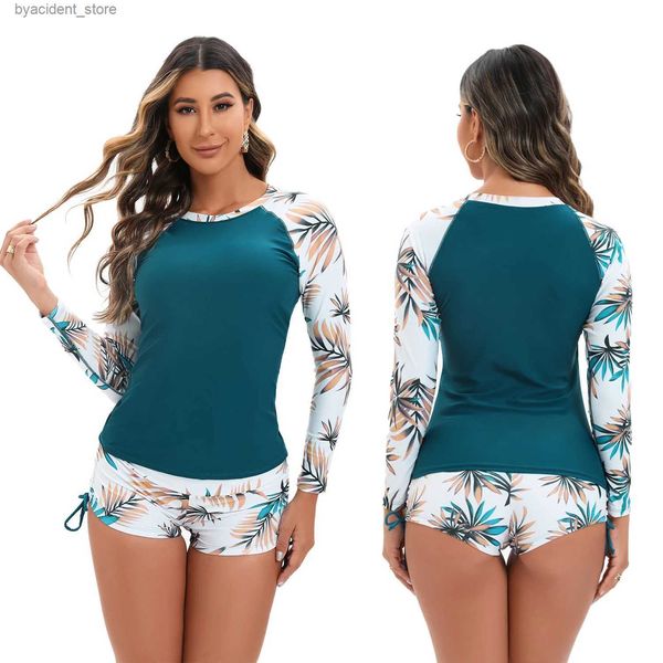 Costumi da bagno da donna Surf Rashguard Costumi da bagno a maniche lunghe Donna Tankini Set con pantaloncini Rash Guards Due pezzi Tute da surf Taglie forti S-2XL Nuovo L240308