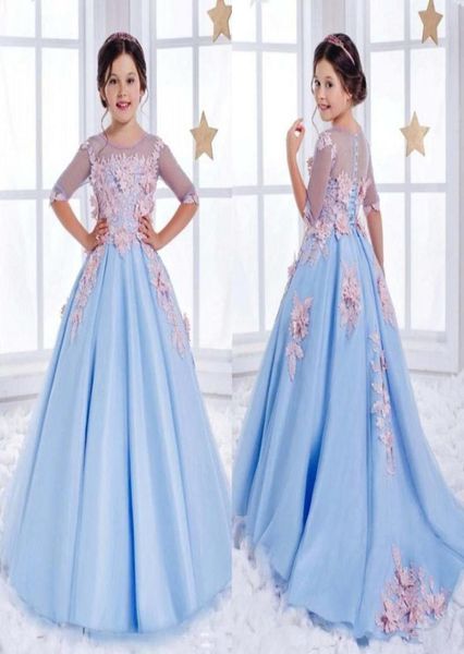 2020 Abiti da spettacolo per ragazze blu cielo Illusion pizzo rosa 3D applicazioni floreali in raso per bambini fiore lungo vestito per ragazze principessa nascita economica9318326