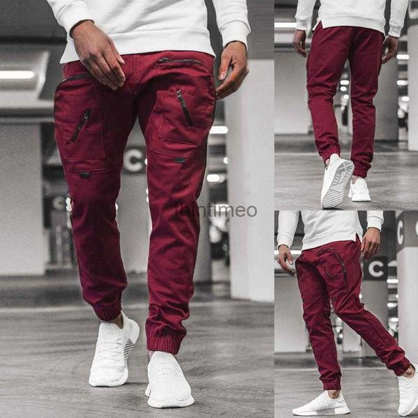 Calças masculinas joggers calças sólidas finas carga sweatpants multi-bolso calças esportivas harem pant 240308