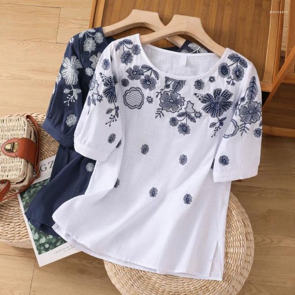 T-shirt da donna in cotone e lino T-shirt da donna Estate 2024 Ricamo T-shirt allentate Maniche corte Top floreale Stile cinese O-Collo Abbigliamento