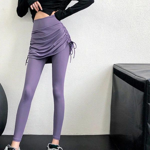 Pantaloni attivi Donna Sport Yoga Vita alta Fitness Allenamento Leggings Cinturino con coulisse Gonna a mezza lunghezza Collant elasticizzati in due pezzi finti