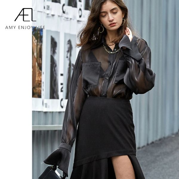 Camisas ael preto organza blusa manga longa retro topo feminino elegante solto das mulheres topos e blusas moda feminina roupas