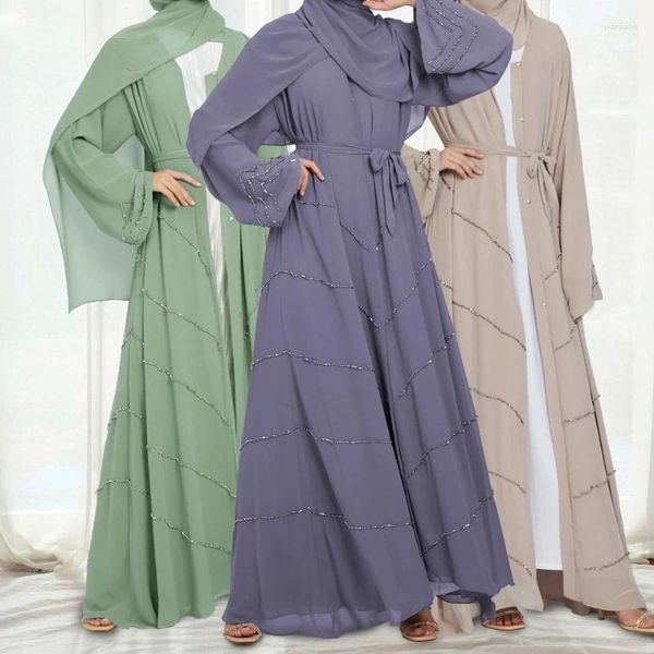 Ethnische Kleidung Perlen Dubai Kleid Abaya für muslimische Frauen Party islamische Kleidung Kimono Hijabi Robe Quasten Gürtel bescheidene Outfits Ramadan Eid