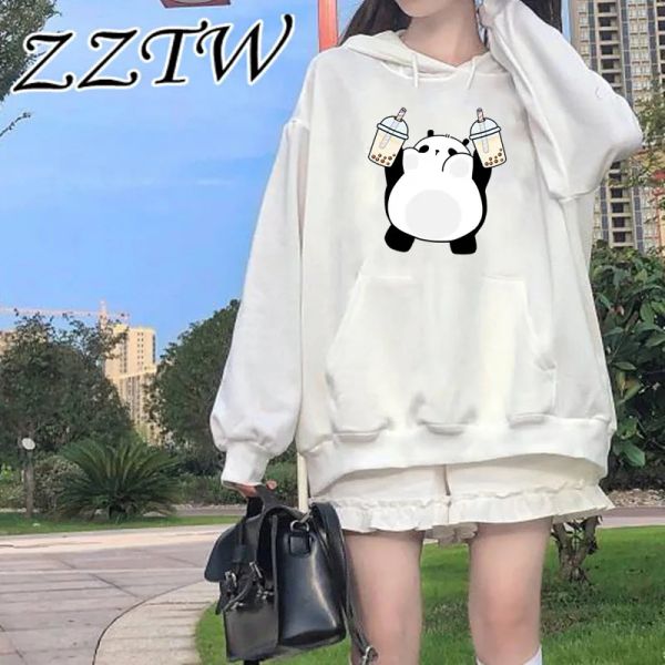 Camiseta branca topos bonito hoodies pequeno panda bebendo leite chá impressão hoodie streetwear roupas de inverno das mulheres grandes moletons soltos