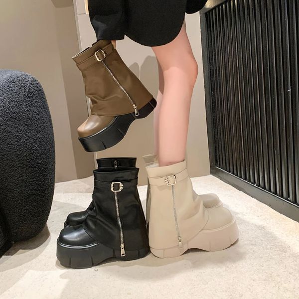 Botas novas botas de calças de calças de calcaça de outono para mulheres médias 8cm plataforma cunhas zípe de luxo design de moda de moda booties inverno