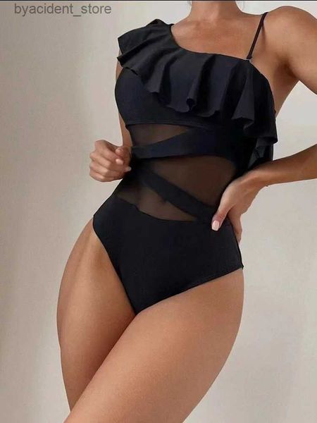 Damen-Bademode S-XL Sexy Mesh-Einteiler-Badeanzug Solide Sport-One-Shoulder-Badebekleidung Rüschenspitze Hohe Taille Badeanzug Strand Rückenfrei Monokini L240308