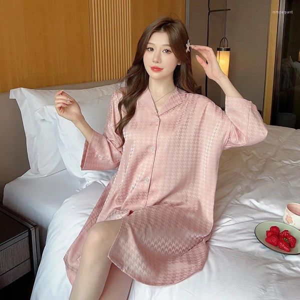 Женская одежда для сна, розовый халат, женская рубашка с отложным воротником, домашнее платье, ночная рубашка, летняя пижама из искусственного шелка, нижнее белье