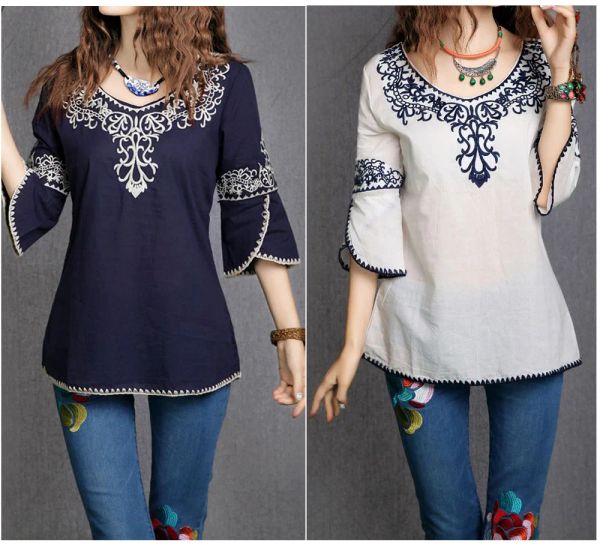 Shirts 2019 Neue Frauen Baumwolle 3/4 Hülse Mode Ethnische Totem Muster Gestickte Umrandet Ladylike Tops Bluse Shirts Kostenloser Versand