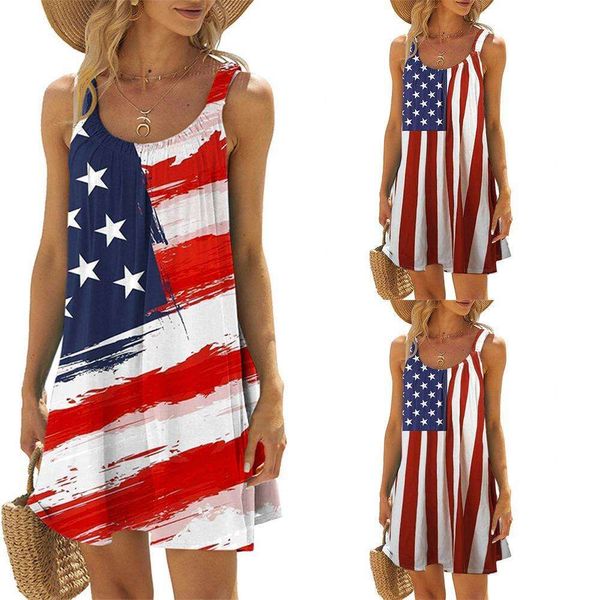 Vestido feminino casual sem mangas com estampa de bandeira americana alça solta