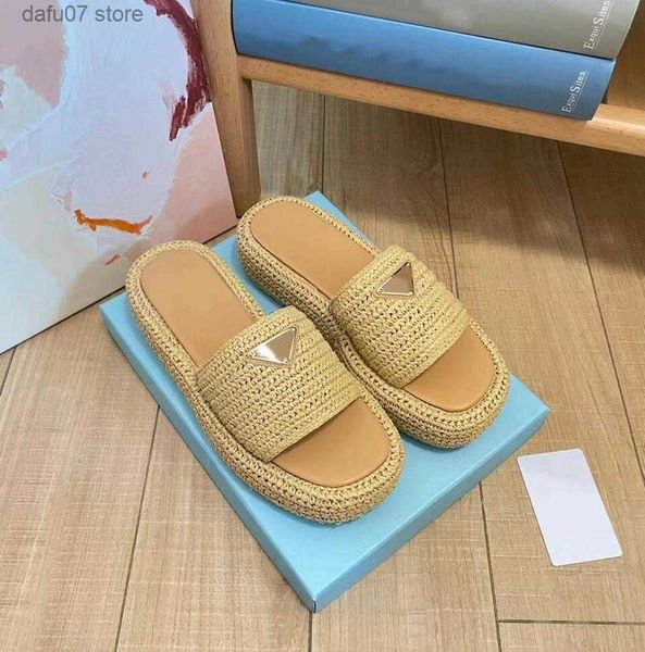 Chinelos Mulheres Plataforma Chinelos Designer Gladiador Ráfia Tecido Verão Ao Ar Livre Sapatos de Praia Sandálias Moda Mulheres Luxo Handmade Str Scuffs SlipperH240308