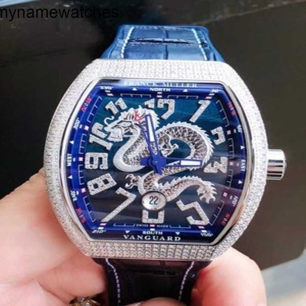 Швейцарские часы Franck Muller Часы с автоматической коробкой Сертификат Frank Blue Dragon Прецизионная стальная задняя часть с бриллиантами Механические мужские V45