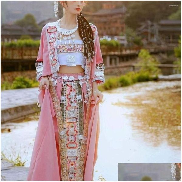 Roupas étnicas Miao Set Tujia Minority Stage Performance Viagem Pogal Drop Delivery Dh8L3