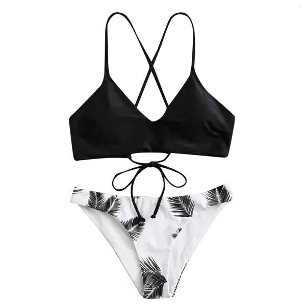 Costumi da bagno da donna Micro bikini sexy da donna a vita alta con stampa di foglie Set costume da bagno nero push up bianco stile estivo con reggiseno da donna