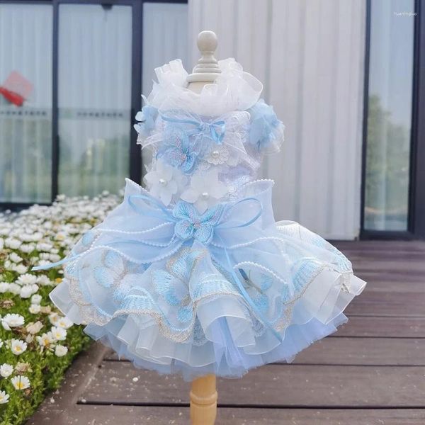 Abbigliamento per cani Vestiti fatti a mano Forniture per animali Paillettes lucide Farfalla azzurra Tutù Gonna a palloncino in tulle Abito da principessa Traspirante One Piece