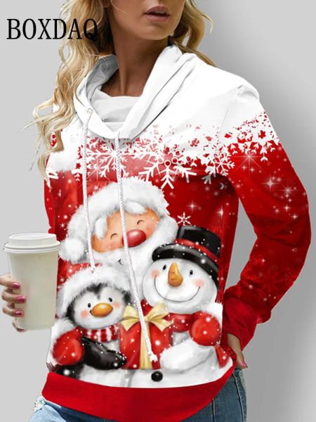 Felpe Felpa rossa con pupazzo di neve di Natale per donna 2022 inverno manica lunga felpa con cappuccio moda carina pullover larghi casual felpa con cappuccio Babbo Natale