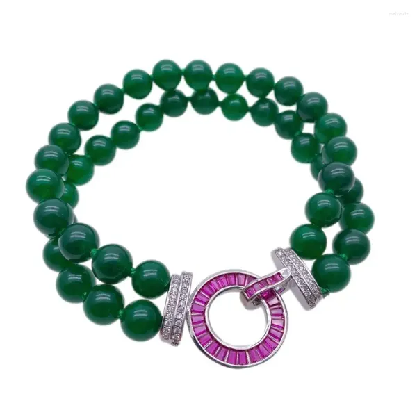 Strand 2 linhas verde jade frisado pulseira Cz Pave Fecho ajustável feminino joias de casamento