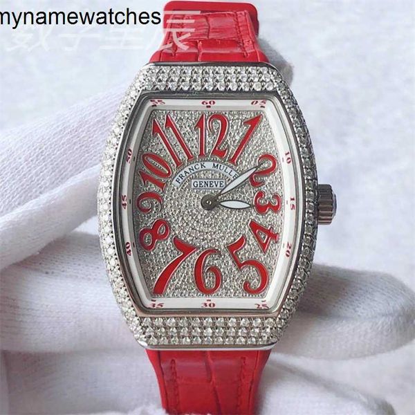 Relógio suíço franck muller relógios automático conjunto completo de frankmueller para mulher v32 com traseiro incrustado inglês feminino letras vermelhas estrelas