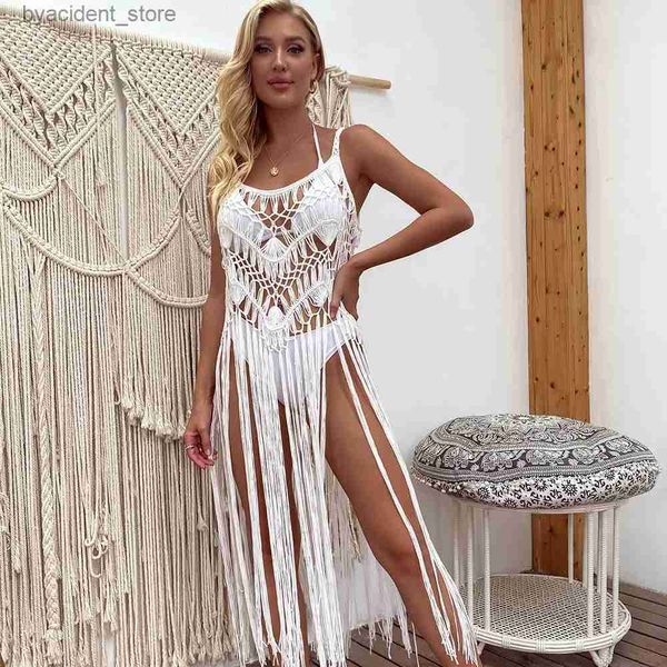 Roupas de banho feminina de malha de malha de malha longa feminina de maiô de tassel roupas de sol sexy de peixes sexy biquíni novo traje de banho de praia L240308