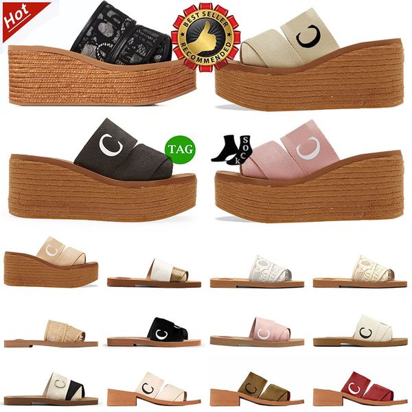 Designer de luxo sliders mulheres famosas slides sandálias de salto alto mules flip flops mila woody cunha linho espadrille plana casual fuzzy fur chinelos net vermelho sapatos de verão