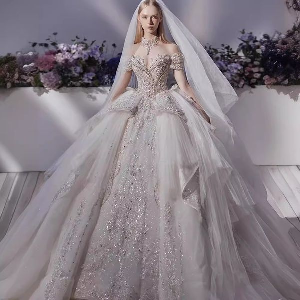 Splendidi abiti da sposa Illusion Countries Abito da ballo Abito da ballo in pizzo di cristallo con applicazioni Sweep Train Plus Size Abito da sposa da sposa vestido de novia misura personalizzata