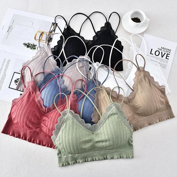 Reggiseni per ragazze con bordo in pizzo incrociato e cavezza sul retro, bellissimo scollo a V sul petto, senza ferretto, canottiera antiscivolo per ragazza