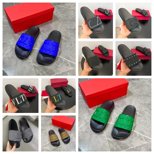 Designer Luxury Slideppers Sandalo Vlogo Uomo Spiaggia Infradito Rivetto Pantofole da esterno Tacco piatto Vltn Ciabatte in gomma per donna Morbida pelle Tazz Pantofola Mocassino Sneakers